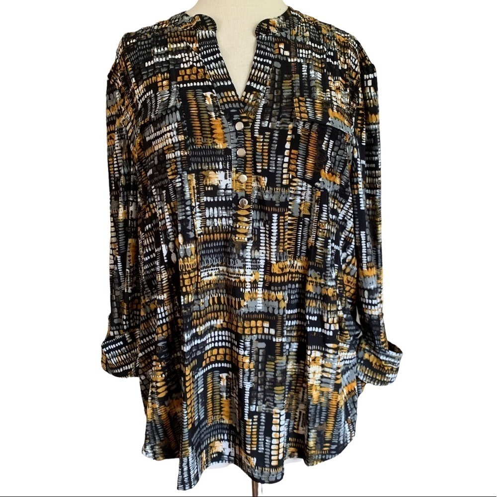 COCOMO Small Black Yellow Gray 3/4 sleeve women’s Pintuck Blouse tunic top shirt